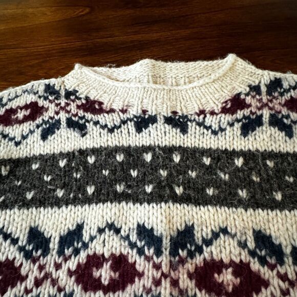 Wool Sweater Crewneck Large Ecuador Chunky Cable Knit Cream Earth Traders - Picture 5 of 7